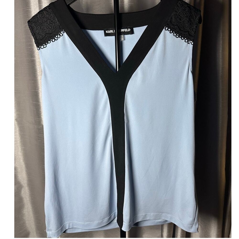 🌻Womens Karl Lagerfeld Paris Suit Blouse Shirt Tank Light Blue Black Lace Large